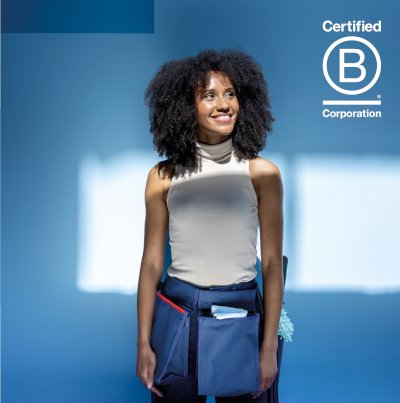 woman looking at b-corp logo