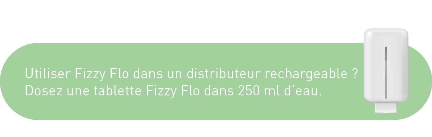 Utiliser Fizzy Flo dans un distributeur rechargeable? Dosez une tablette Fizzy Flo dans 250 ml d'eau.